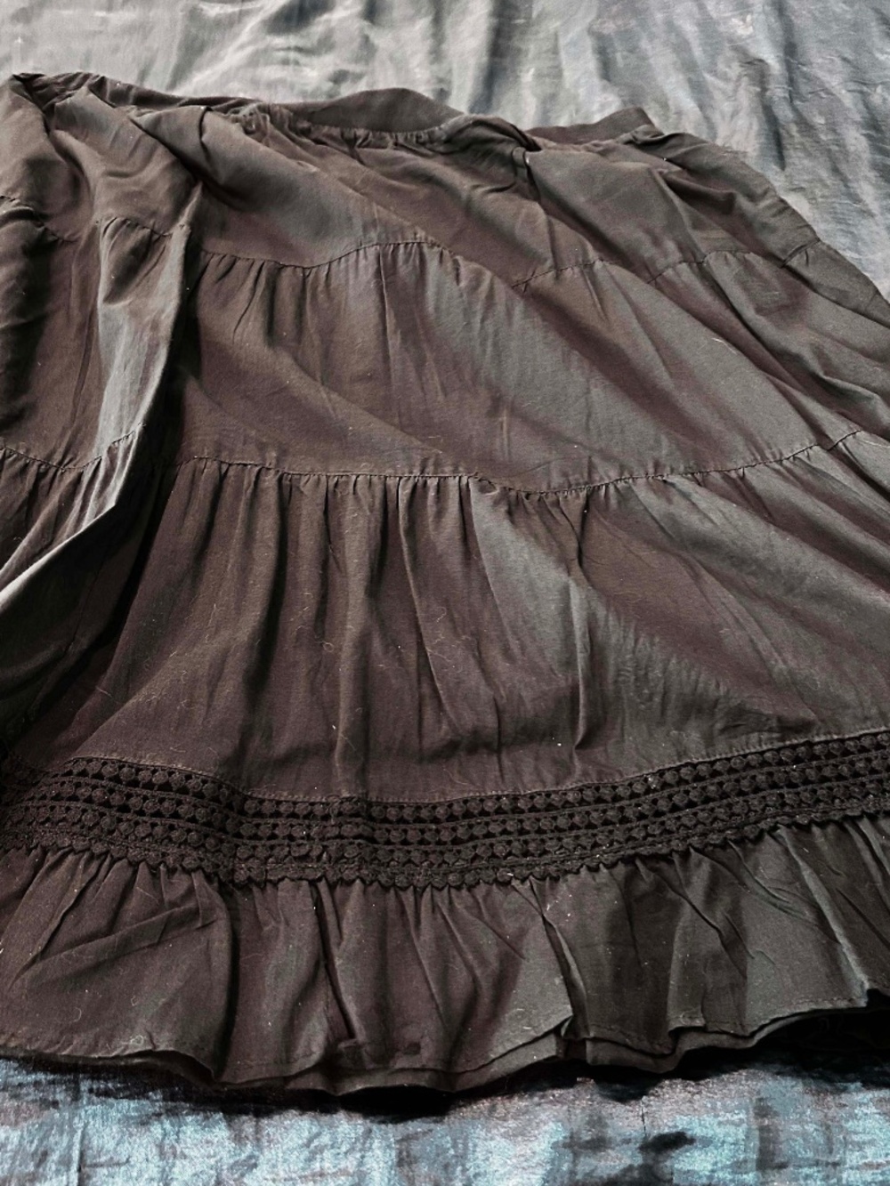 PEASANT SKIRT, COTTON, BLACK, SIZE 4X, TIERED SKIRT, CROCHET LACE DETAIL AT HEM,